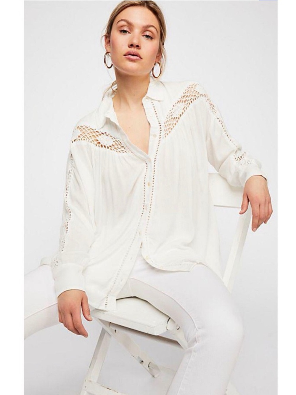 Free People Crochet Lace Button Down Blouse Medium Ivory Boho Oversized Sold Out
